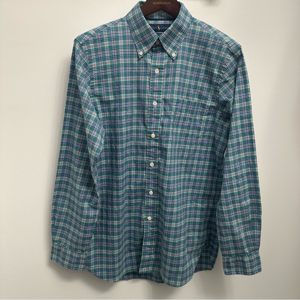 Ralph Lauren Long Sleeve Plaid Button Down Shirt Green Blue Men’s Medium